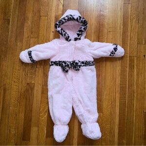 Rothschild Pink snow suit Fleece Footie with Leopard Accents size 12 Months